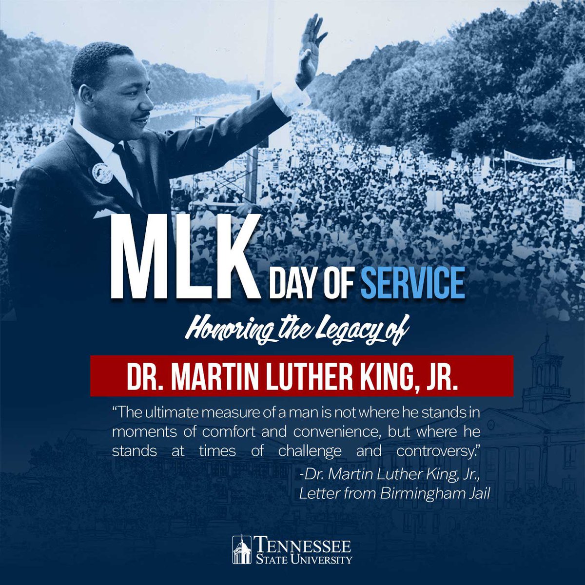 Join Tennessee State University in honoring the legacy of Dr. Martin Luther King Jr. through a Day of Service. Together, let’s make a difference in our communities and embody his vision of justice and equality.