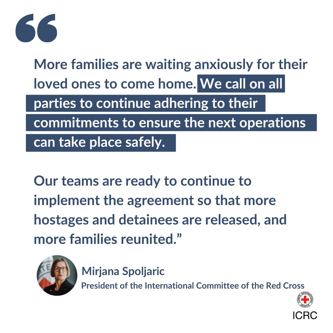We facilitated the release and transfer of 3 hostages out of Gaza to Israel, and 90 Palestinian detainees from Israel to the occupied Palestinian territory.

Read more: ms.spr.ly/6016UH9tk