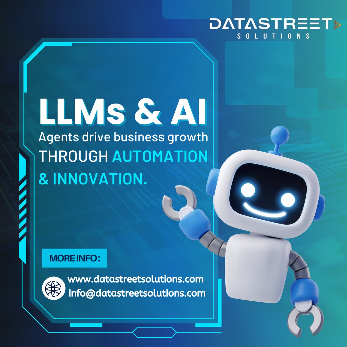 DataStreet_Sol's tweet photo. LLMs &amp; AI Agents: Driving Business Growth 🚀At Datastreet Solutions, we specialize in AI agent services to optimize workflows, enhance customer engagement, and accelerate growth.  

#AI #BusinessGrowth #Automation #Innovation @DataStreet_Sol https://t.co/5slEYpD2qO