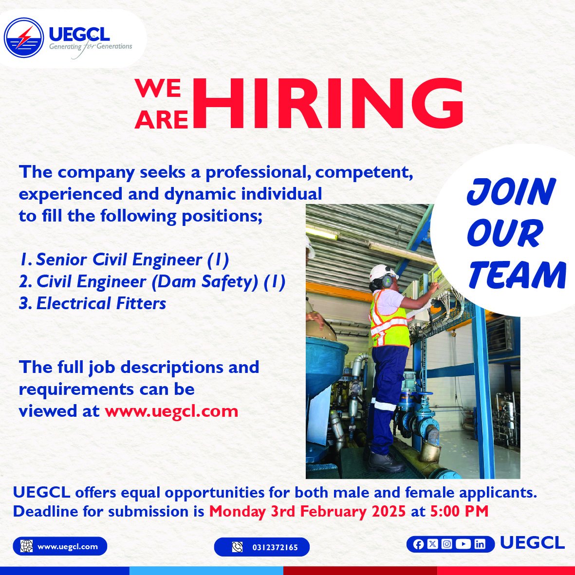 UegclOfficial's tweet photo. Join the Team Powering Uganda 🇺🇬⚡ 

Are you ready to make a meaningful impact in Uganda’s energy sector? Then look no further.... 

✨ We’re Hiring! ✨ 

📌 How to Apply: Visit our website at https://t.co/KiJcF44ntF for detailed Job Descriptions and application guidelines. 

#UEGCLJobs #GeneratingSafelyForGenerations 
#JoinOurTeam