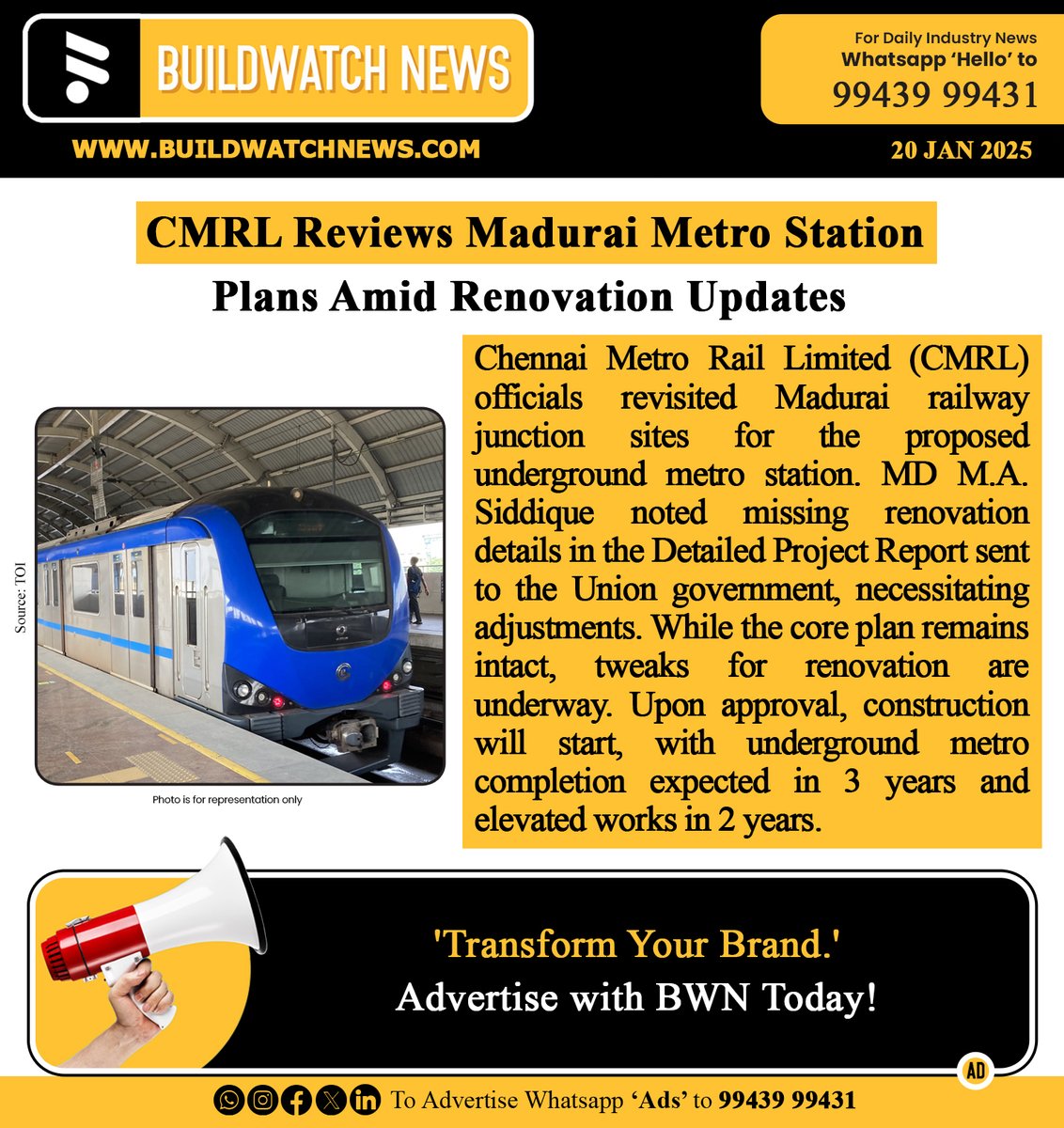 BuildWatchNEWS's tweet photo. CMRL Reviews Madurai Metro Station Plans Amid Renovation Updates  

🔗Read More :[https://t.co/NpSCNhB80l

#MaduraiMetro #CMRL #UrbanTransport #BuildWatchNews  #BWNMetroProjectUpdates #BWNMetroConstructionUpdates #BWNCityDevelopmentUpdates #BWNSouthConstructionUpdates https://t.co/nbyMz3vKdn