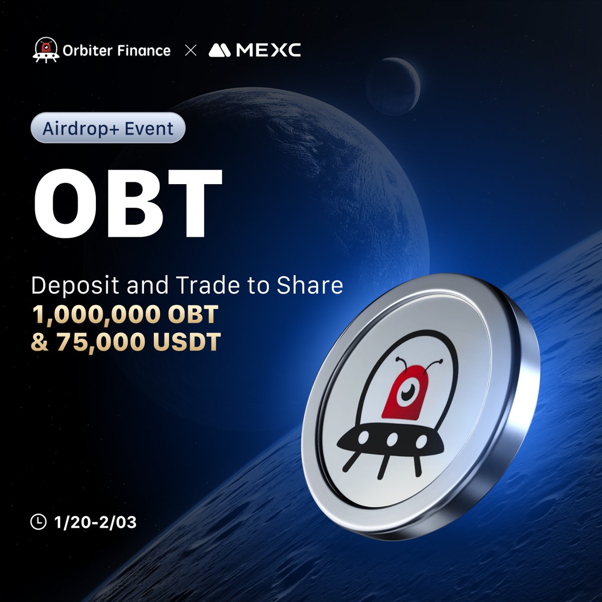 🔥 The <a href="/Orbiter_Finance/">Orbiter Finance 🛸</a> / $OBT Token Airdrop Event is in full swing!

👉 Deposit and Trade to Share 1,000,000 OBT &amp; 75,000 USDT Bonus!

🎁 Spread the word now to win a share of  500 USDT, ends on 23:59 Jan 26, 2025 (UTC)：
gleam.io/competitions/y…

👉 Join Now: