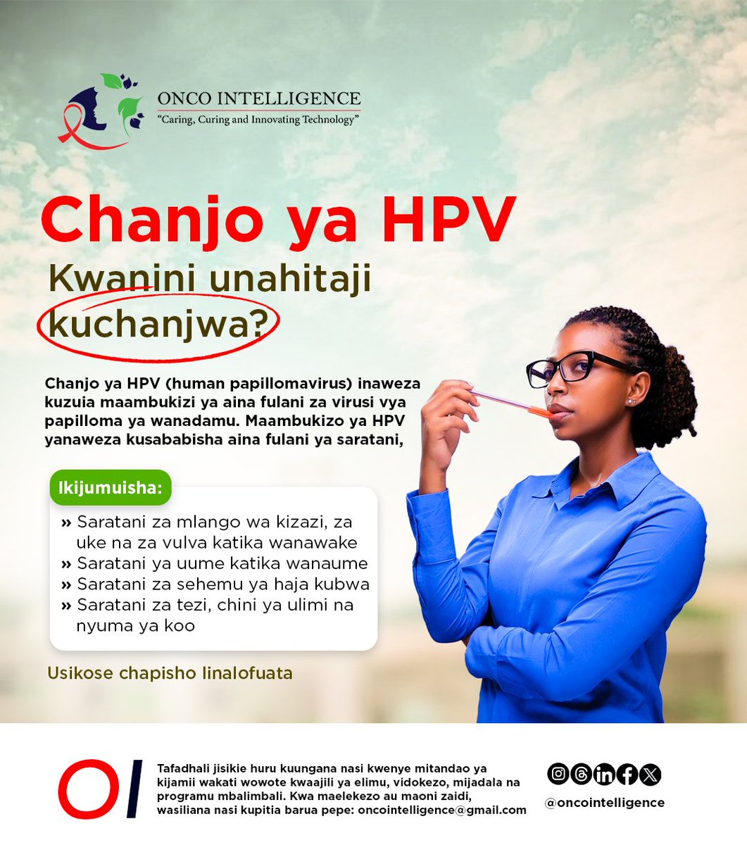 ⁉️ Kwa Nini Upate Chanjo ya HPV?`

Chanjo ya HPV inaweza kukulinda dhidi ya maambukizi yanayosababishwa na virusi vya #human papillomavirus mbavyo vinaweza kusababisha aina mbalimbali za #saratani

`🚨 Kinga ni bora kuliko tiba`

Endelea kufuatilia kwa maelezo na taarifa zaidi
