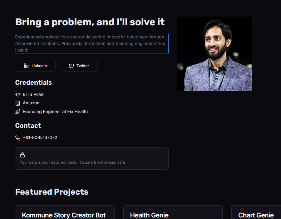 aproli90's tweet photo. Tried https://t.co/badBmVop8g by creating a personal portfolio. It's very different from bolt &amp; vercel.
It has pre-built sections that you can insert and have complete control to edit the code.

I think it's great for creating minimalistic websites really fast 😃 https://t.co/GKSbvpBf4d