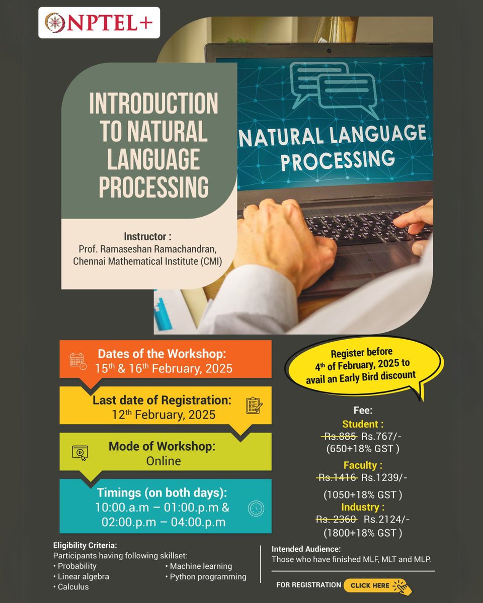 nptel_official's tweet image. 🏢 Industry: ₹2124/-
📢 Limited Seats Available! Register Now!
🔗 elearn.nptel.ac.in/shop/iit-works…

#nptelindia #NPTEL #NLPWorkshop #MachineLearning #ArtificialIntelligence #DataScience #OnlineLearning #TechSkills #AIML #DeepLearning #Python #Upskill