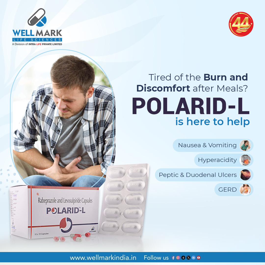 wellmarkindia's tweet image. Tired of the burn and discomfort after meals? POLARID-L Capsule helps relieve #nausea, #vomiting, #hyperacidity, #peptic &amp;amp; #duodenalulcers, and #GERD, so you can enjoy every meal with ease!

For business inquiries,
📞 Call +91-9831149528
🌐 wellmarkindia.in