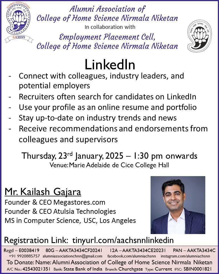 kailashgajara's tweet photo. 📢 Exciting news! I’ll be speaking at the College of Home Science Nirmala Niketan on Jan 23, 2025, about harnessing LinkedIn for career growth. 🚀

Venue: Marie Adelaide de Cice College Hall
Time: 1:30 PM

#LinkedInWorkshop #CareerGrowth #Networking #Entrepreneurship #Leadership https://t.co/2v6zyzrl0w