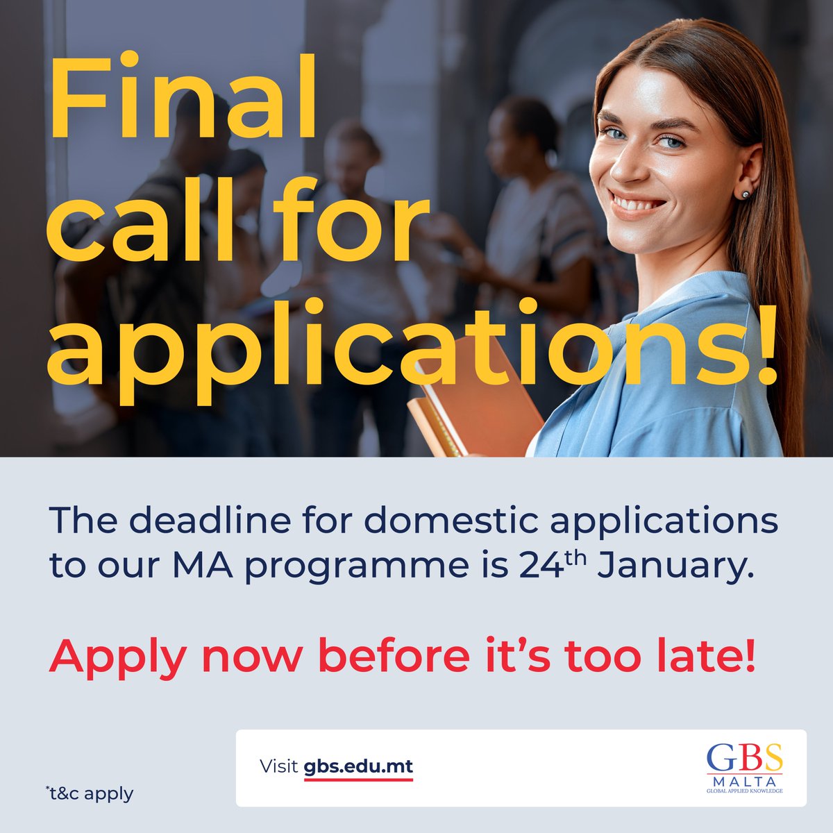 GbsMalta's tweet image. The door to endless opportunities is closing soon!

Domestic applications to our MA programme end on 24th January.

Don’t let this opportunity slip away—act now to kick-start your journey!

Discover more: bit.ly/47pe4dF

#GBSMalta #MAProgramme #HigherEducation