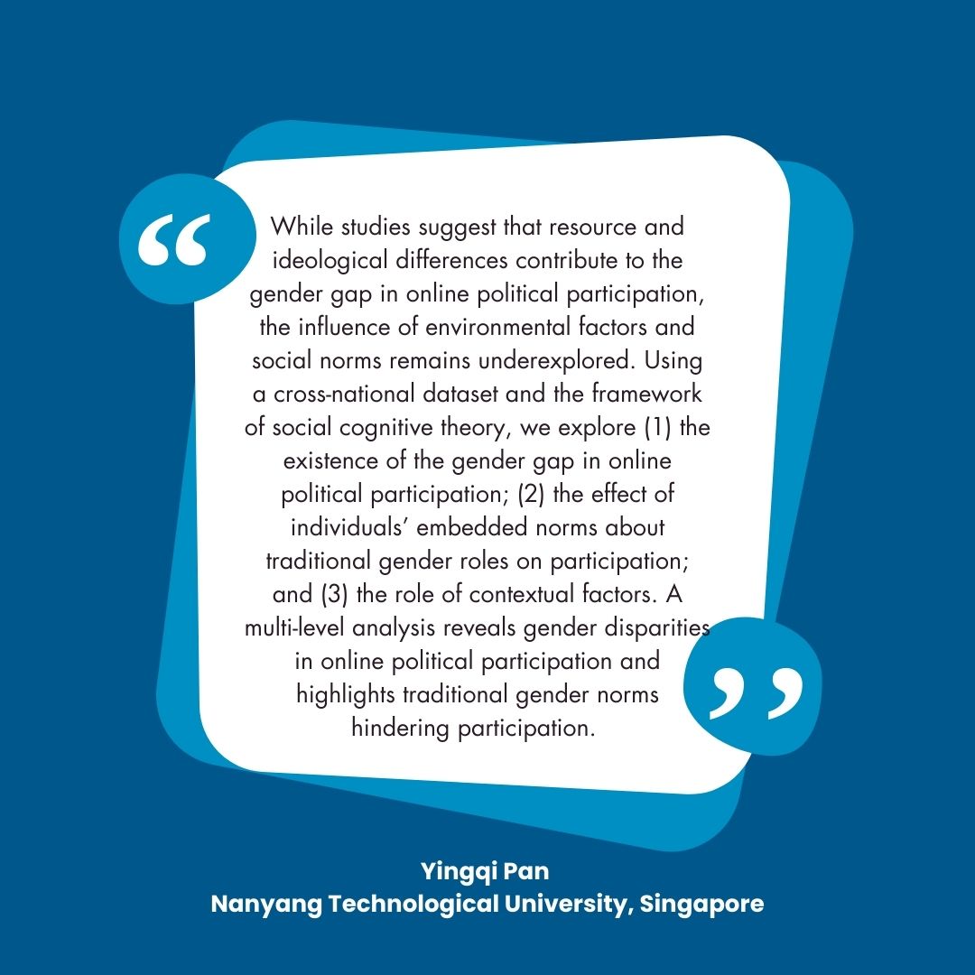 AsianJComm's tweet photo. Do embedded traditional gender norms and contextual environments shape gender inequality in online politics? Explore key dynamics in digital political participation in this cross-national study by @yqpan_comm and collaborators. https://t.co/b6ZPFP0OBW https://t.co/EZ0R1zKBl1