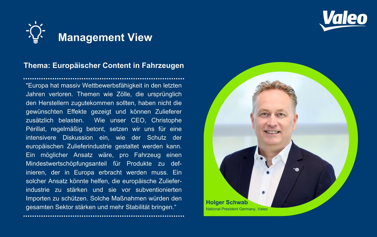 ValeoDE's tweet photo. Neu bei uns: Die #ManagementView - Serie
Heute starten wir mit unserem National President Germany Holger Schwab und dem Thema “Europäischer Content in Fahrzeugen”. Diese Thematik betrifft die Entwicklung und Produktion von Technologien und Fahrzeugbauteilen innerhalb Europas. https://t.co/8xu3cNnVwh