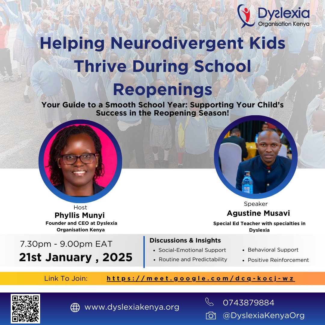 Kenya_dyslexia's tweet image. Join us TOMORROW for the &quot;Helping Neurodivergent Kids Thrive During School Reopenings&quot; Online Seminar! 🧠✨
🗓 Tomorrow, 7:30 PM - 9:00 PM
🔗 Google Meet: meet.google.com/dcq-kocj-wzj
#NeurodivergentKids #SchoolReopening #TransitionSuccess #TogetherWeThrive
