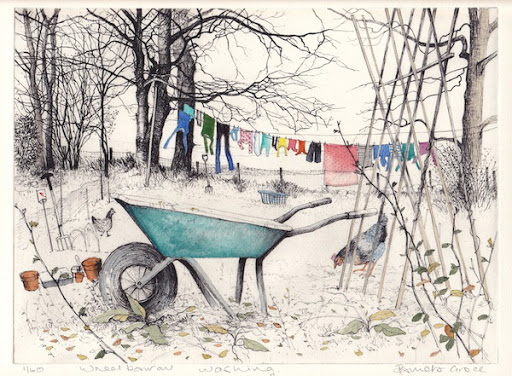 womensart1's tweet image. &apos;Wheelbarrow washing&apos; by Pamela Grace, a contemporary artist and printmaker living and working in Galloway, southwestern Scotland #womensart