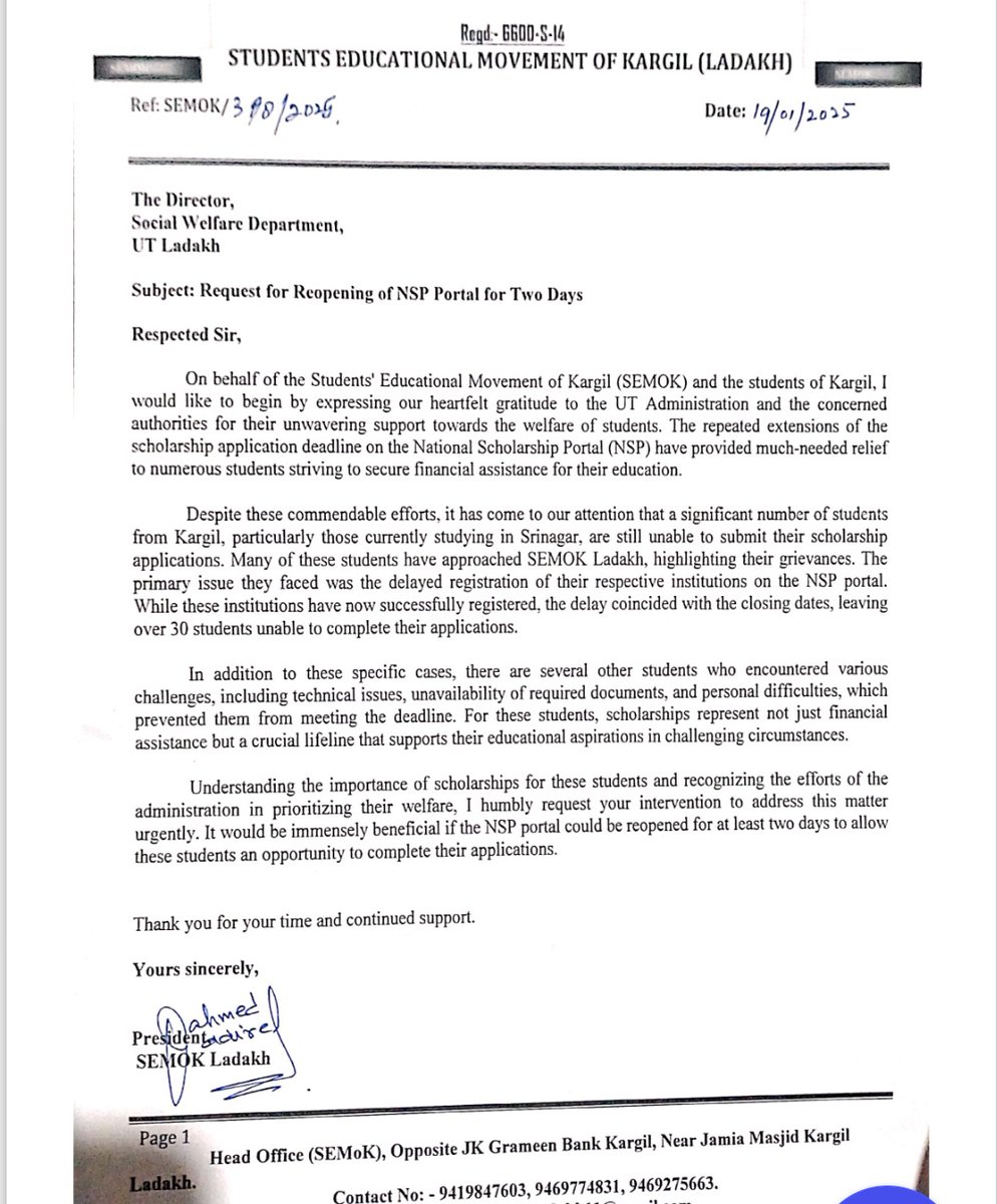 "Many Ladakhi students, particularly from Kargil, missed applying for the ST scholarship on the NSP portal due to unavoidable issues. We sincerely request the authorities to reopen the portal and give them a chance .
<a href="/LadakhSecretary/">Secretary UT Ladakh</a>
<a href="/drajaffer/">Dr Mohd Jaffer Akhoon</a>
<a href="/Haneefa_Jan/">Mohmad Haneefa</a>