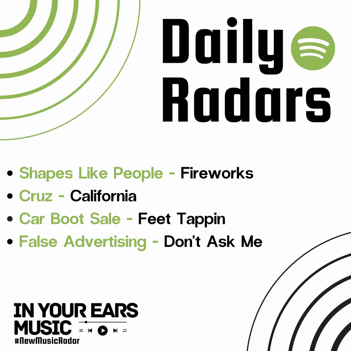 📡 In Your Ears Music 📡 (@inyourearsmusic) on Twitter photo Daily Radars 🟢
We have another 4 tunes added!
<a href="/ShapesLike/">shapes like people</a>
<a href="/band_cruz/">CRUZ</a>
<a href="/Carbootsaleband/">Car Boot Sale</a>
<a href="/falseadv/">False Advertising</a>
Give it a follow and listen below. 👇linktr.ee/dailyradars Daily Radars 🟢
We have another 4 tunes added!
<a href="/ShapesLike/">shapes like people</a>
<a href="/band_cruz/">CRUZ</a>
<a href="/Carbootsaleband/">Car Boot Sale</a>
<a href="/falseadv/">False Advertising</a>
Give it a follow and listen below. 👇linktr.ee/dailyradars