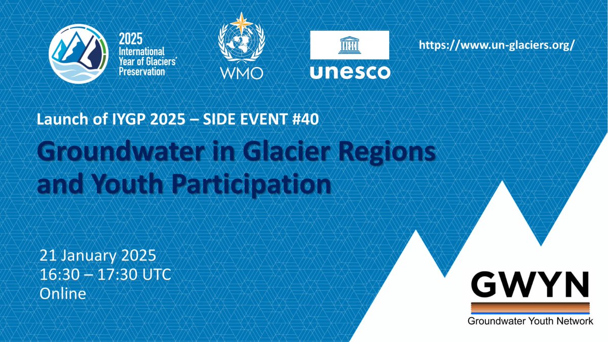 Hello Groundwater Enthusiasts!!!

Join us! The UNESCO Groundwater Youth Network is hosting an engaging online side event on Groundwater in Glacier Regions and Youth Participation 

Date: 21st January, 2025.
Time: 16:30-17:30 (UTC)

Click here to join: unesco-org.zoom.us/webinar/regist…