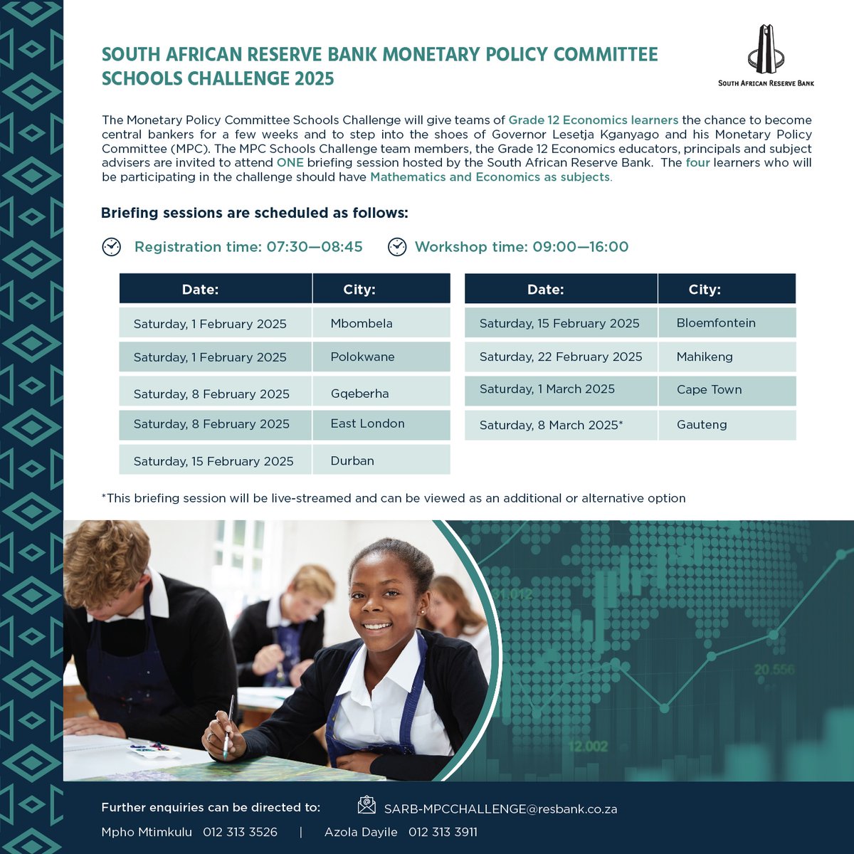 ATTENTION Grade 12 Maths and Economics learners and teachers: Here’s an exciting opportunity for learners to be governors. The SARB’s 2025 Monetary Policy Committee Schools Challenge is coming to your province. The challenge is the SARB’s social investment flagship programme,