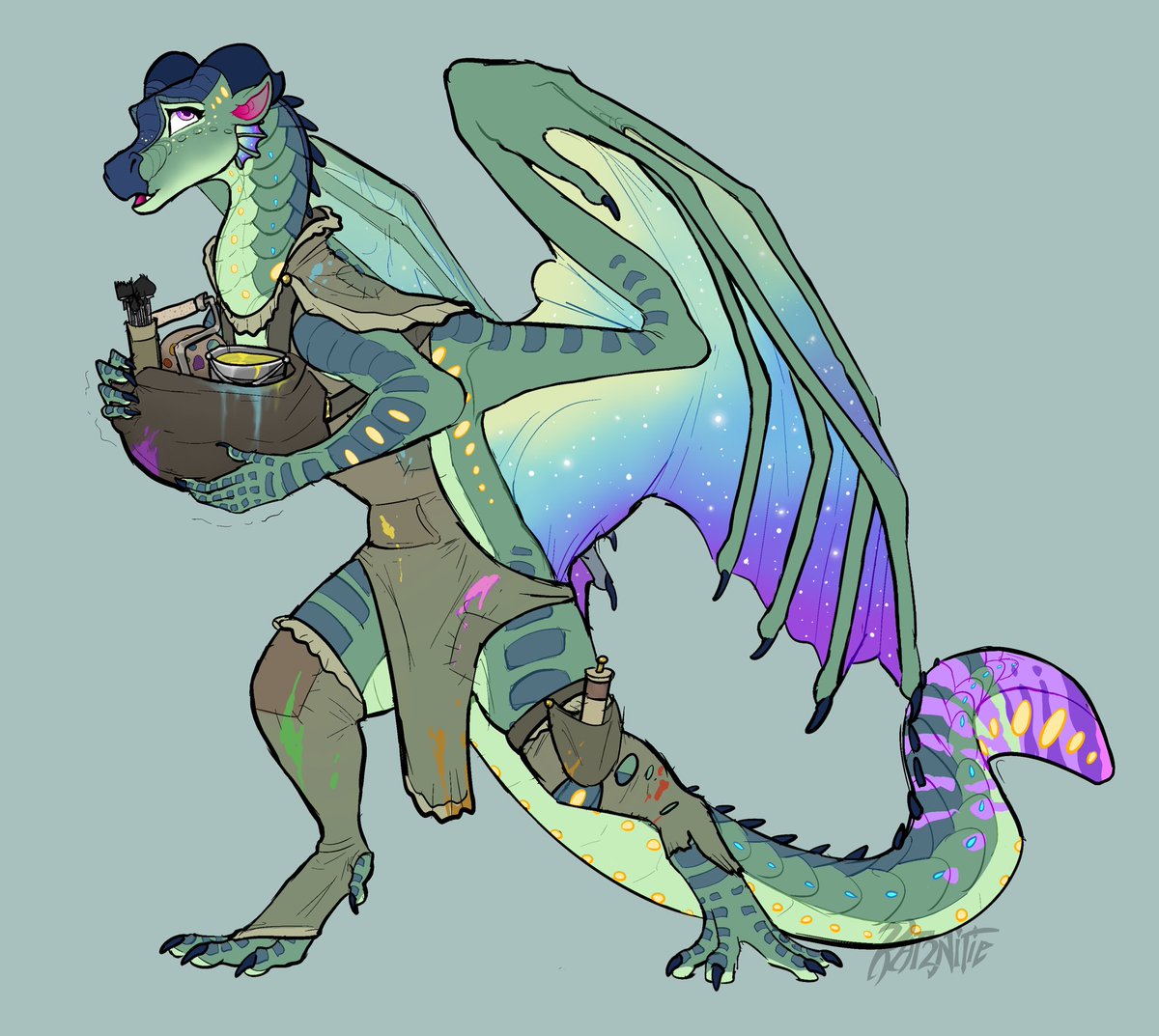 This is my wings of fire oc Gaboon! She’s a rainwing/seawing/nightwing hybrid, and a painter. She lives in an au where things have gone very wrong, taking place about 10 years after Darkstalker returned to Pyrrhia and became a long since reigning king. #wingsoffire #dragonart