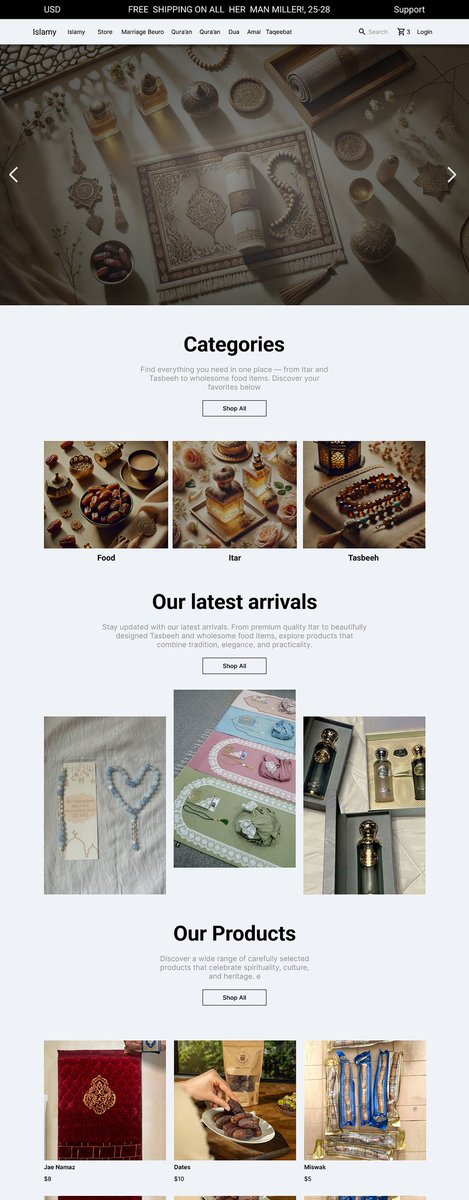 muhammadsaeid68's tweet image. ✨ E-commerce Landing Page – "Islamy" ✨
A clean and elegant design for an Islamic-themed e-commerce platform. This landing page showcases beautifully categorized products like Itar, Tasbeeh, and food items while blending tradition with modern functionality.
#ui #UI_Design