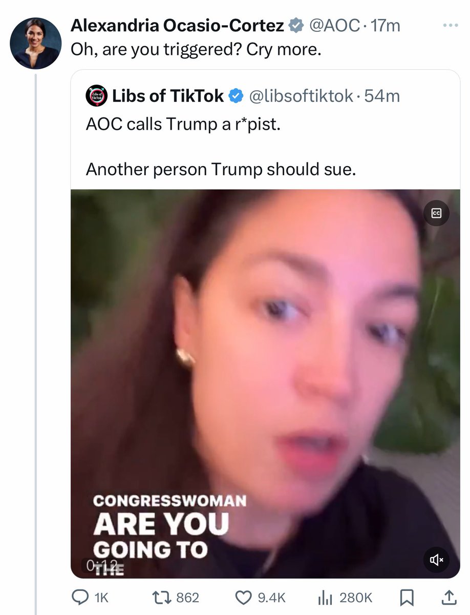 Libs of TikTok (@libsoftiktok) on Twitter photo Hey <a href="/AOC/">Alexandria Ocasio-Cortez</a>, I’m not triggered but I think your legal team will be when Trump sues you. Hey <a href="/AOC/">Alexandria Ocasio-Cortez</a>, I’m not triggered but I think your legal team will be when Trump sues you.