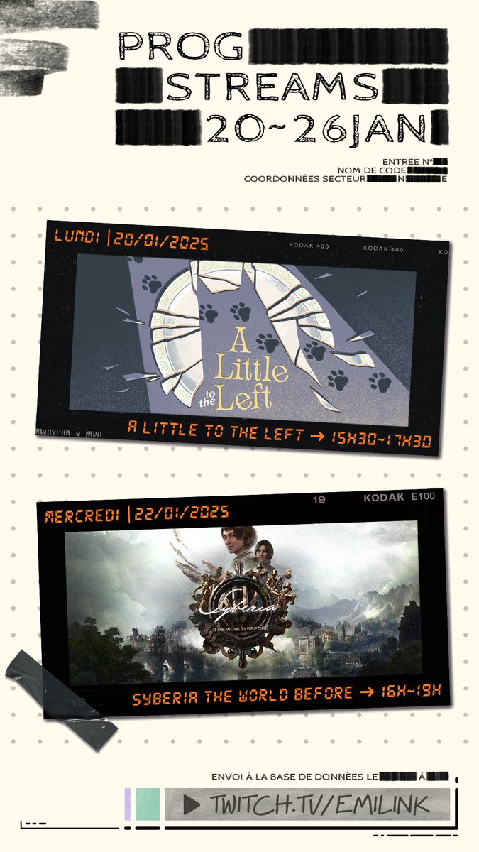 EmilieSovran's tweet photo. Programme des streams | Semaine du 20 ~ 26 janvier ↴

• Lundi 20 janvier ➜ A Little to the Left de 15h30 à 17h30

• Mercredi 22 janvier ➜ Syberia - The World Before de 16h à 19h

https://t.co/rab5i5w6cn https://t.co/Yfnl6y3dgV