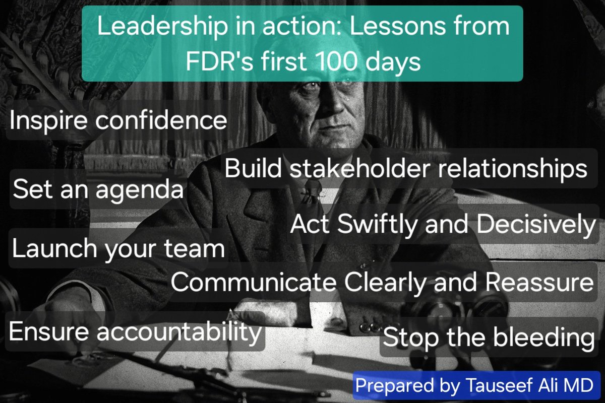 ibdtweets's tweet photo. Starting a new leadership role? Take inspiration from FDR’s first 100 days: act boldly, communicate clearly, surround yourself with experts, and prioritize people. Leadership is about decisive action and building trust for lasting impact. #LeadershipLessons #ExecutiveTips #healthcareleadership