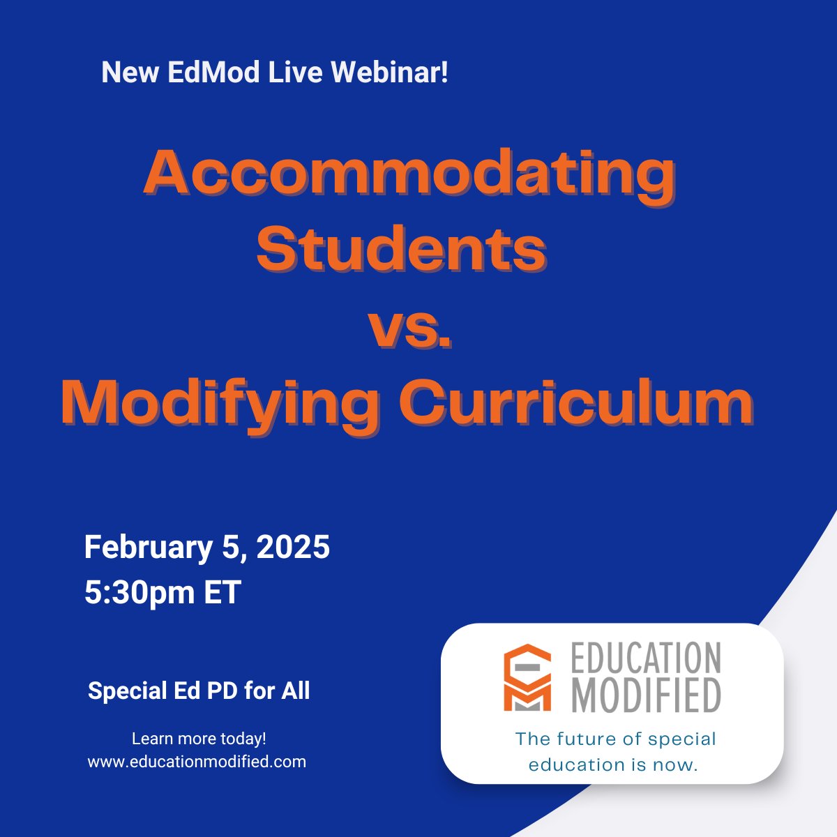EdModified's tweet image. Accommodating Students vs. Modifying Curriculum PD has arrived!  
Wed February 5, 2025 at 5:30pm ET  
Register now: bit.ly/3LV4Iwo 
#specialedclassrooms #Inclusion #accommodations #IEPmeetsclassroom #iep