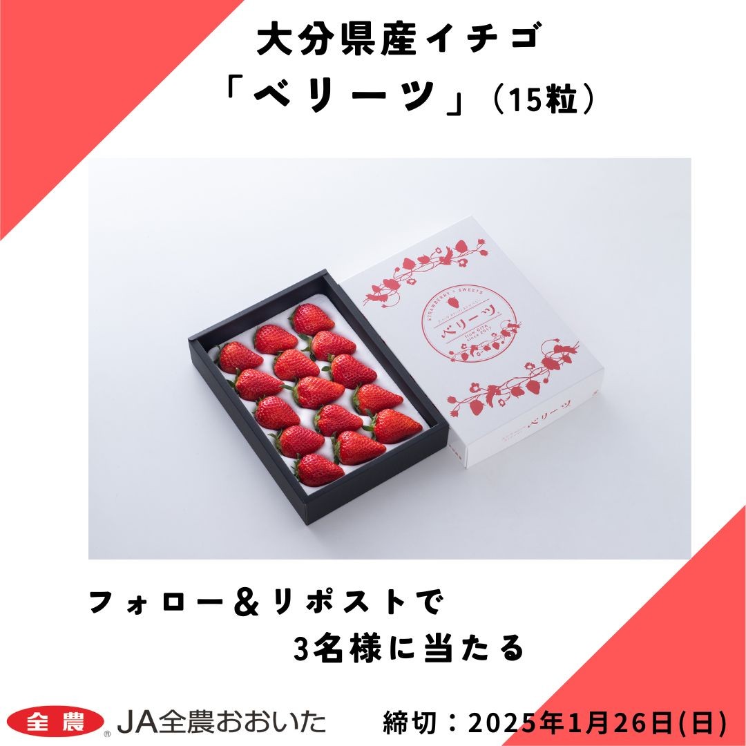 🍓「#大分県 産 イチゴ『ベリーツ』」プレゼント企画🍓

「大分県産 イチゴ『ベリーツ』」が
抽選で3名様に当たるキャンペーンを開催🎁

応募方法
1️⃣<a href="/shokuikuzennoh/">全農広報部 食農応援</a>をフォロー
2️⃣この投稿をリポスト
締切：2025/1/26

JAタウンでも販売中
👉lnky.jp/BhJ8NTM

#全農　#全農おおいた