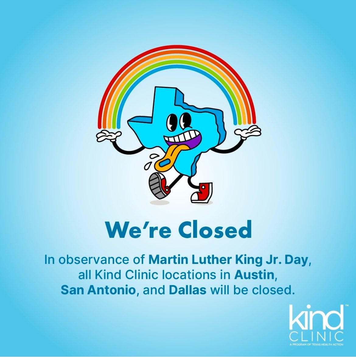 KindTesting's tweet image. Kind Clinic will be closed Monday, December 20th in observance of Martin Luther King Jr. Day. We honor Dr. King's legacy and commitment to equality, justice, and community 💙
