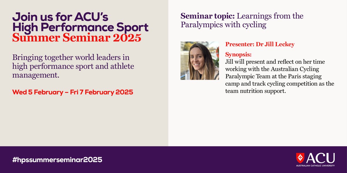 Rounding out Day 2 will be Dr <a href="/Jill_leckey/">Jill Leckey</a>, Performance Support Manager <a href="/SASI_sport/">South Australian Sports Institute</a>. Jill was part of the Australian cycling team staff, she will share insights into the nutrition support in the lead up to the Olympic and Paralympic games. Find out more acu.edu.au/hpssummersemin…