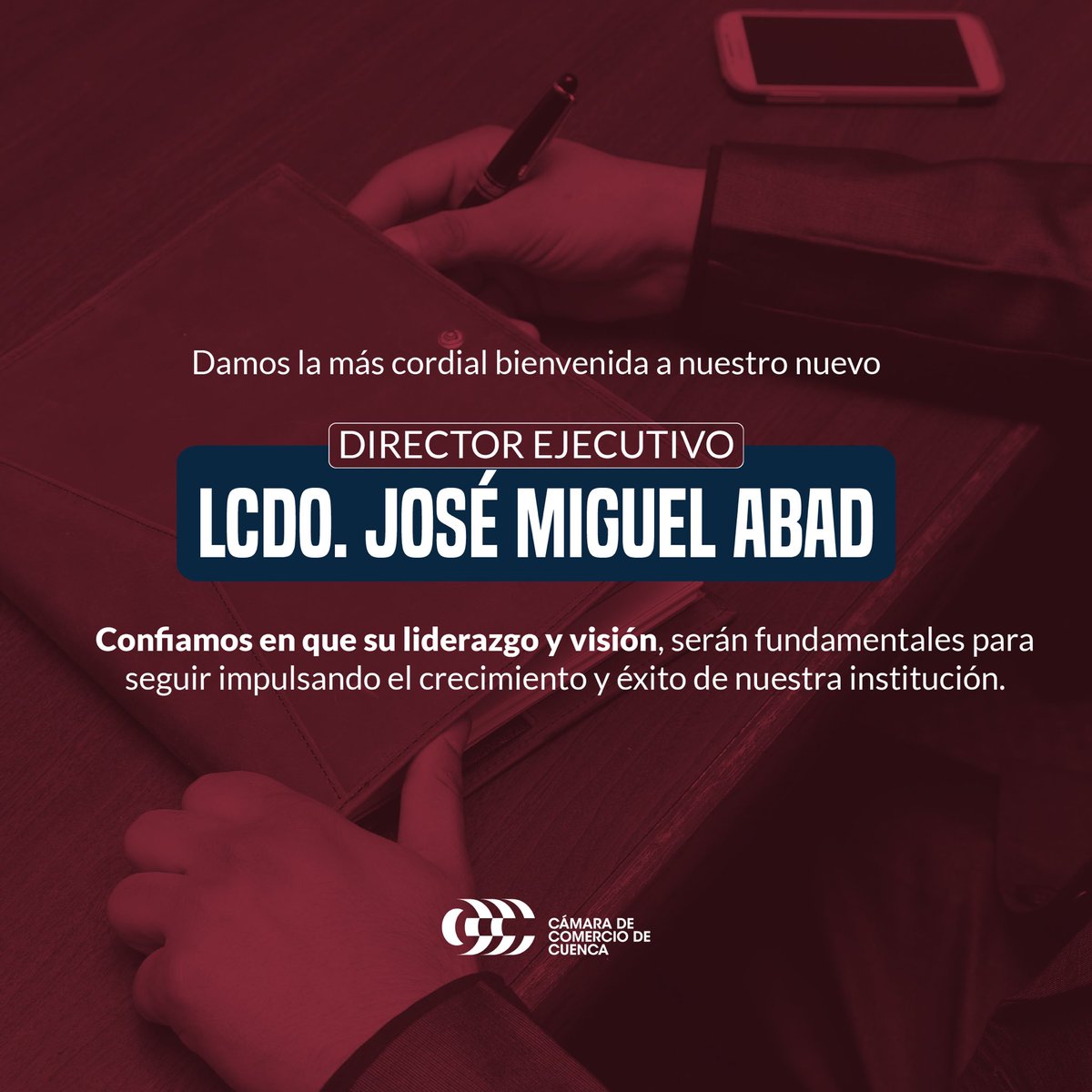 cccuenca's tweet image. Le damos la bienvenida al Lic. José Miguel Abad ,como nuevo Director Ejecutivo de la nuestra institución 🤝

Estamos seguros de que contribuirá al fortalecimiento del sector empresarial y al desarrollo de nuestra comunidad. 

Le auguramos éxitos en esta nueva etapa 🙌🏻