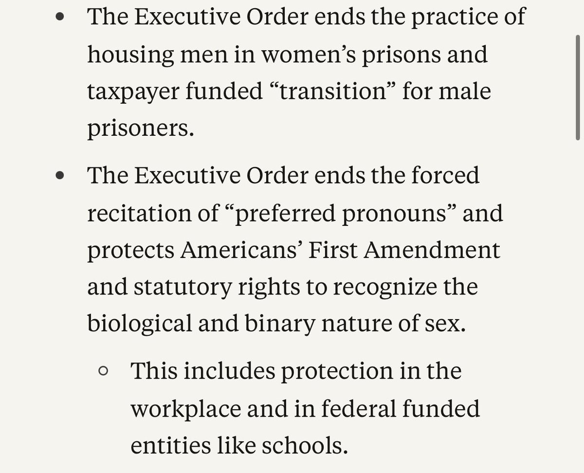 🚨 BREAKING: One of the executive orders Trump will be signing tomorrow includes:

- Two clearly defined sexes of men and women.
- No men in women’s prisons. No transitioning for prisoners. 
- No forced recitation of preferred pronouns.

SOURCE: TheFP