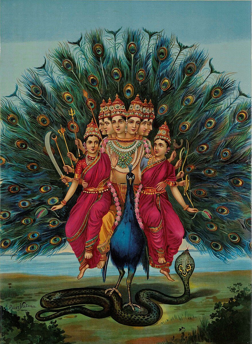 Murugan with his two wives. 
By Raja Ravi Verma