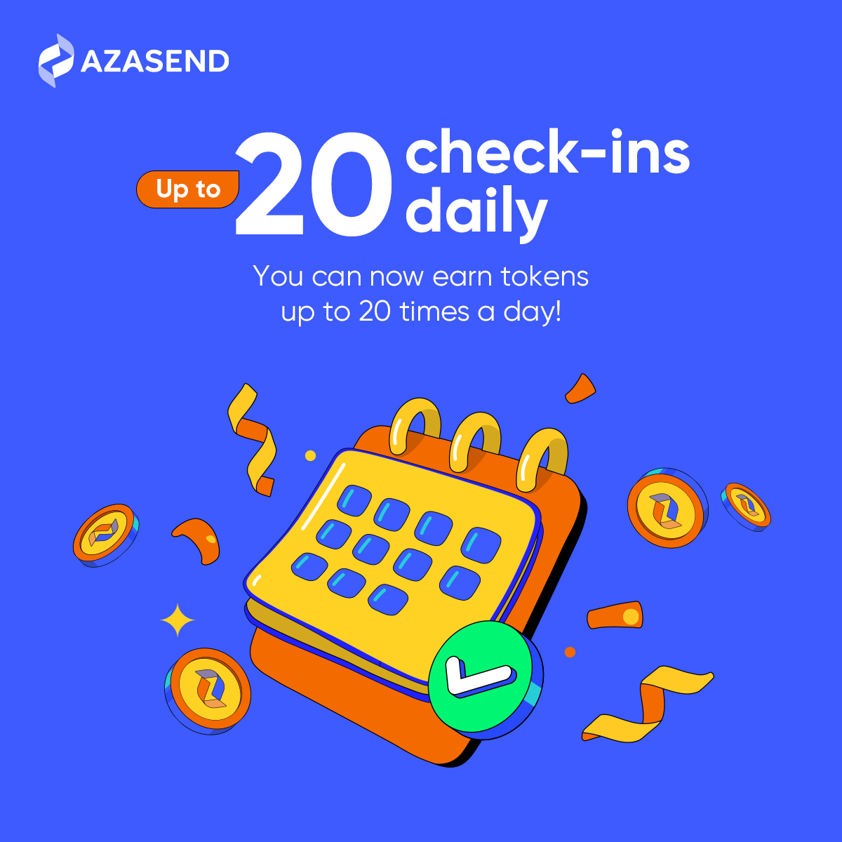 azasend's tweet photo. 🚀 Earn more AZA: Unlock up to 20 check-ins daily!
🎉 Now you can earn AZA Tokens up to 20 times a day!
The more you check in, the more rewards you stack! 💰
Stay consistent and watch your AZA grow faster than ever!🔥
Read more about AZA: https://t.co/ZMGLhgmRPw
#AZAToken https://t.co/gD07uGn6ia