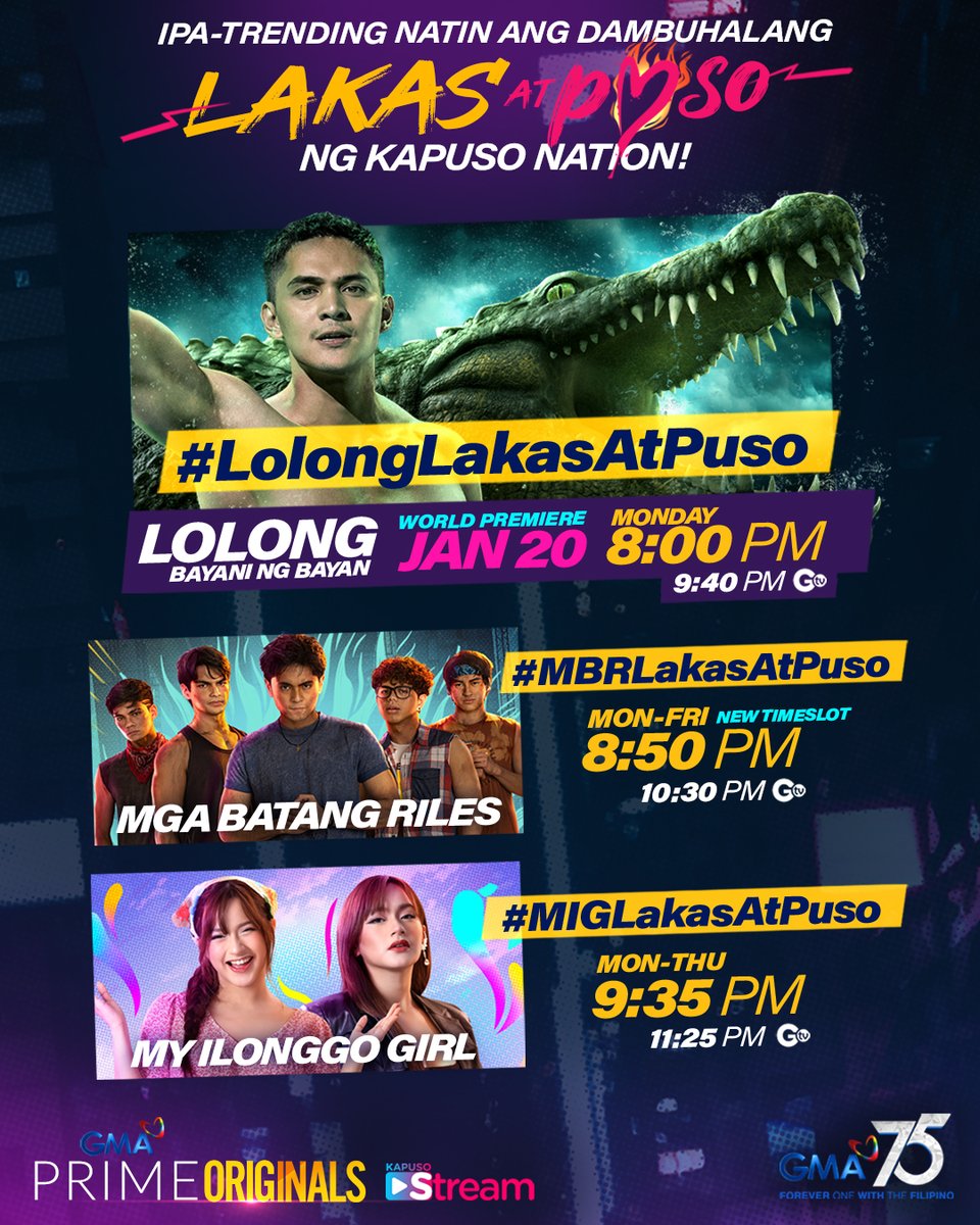 Ipadama natin ang dambuhalang LAKAS at PUSO ng Kapuso Nation! Gamitin ang mga sumusunod na hashtag ngayong araw! 

#LolongLakasAtPuso 
#MBRLakasAtPuso 
#MIGLakasAtPuso