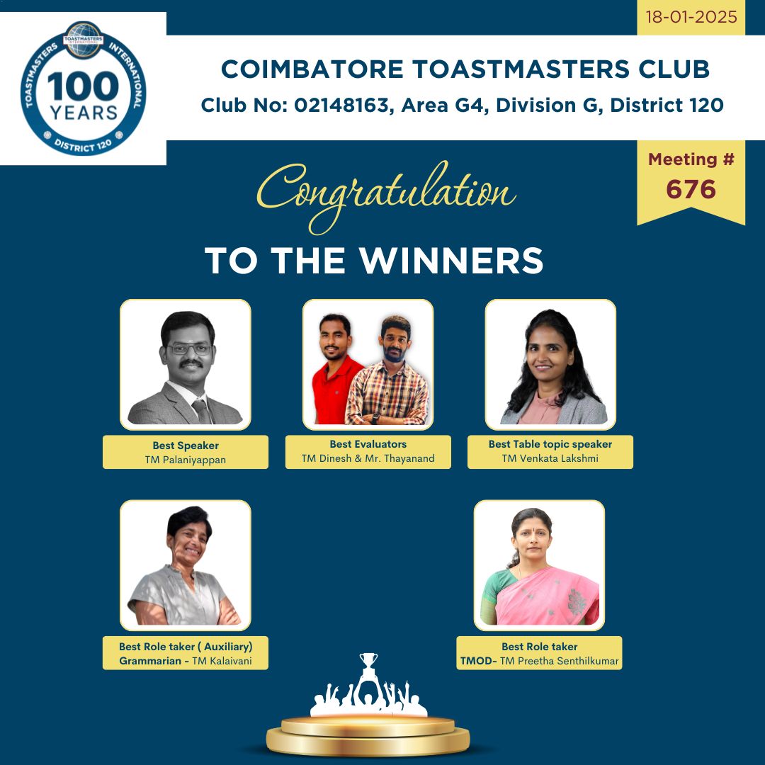 CTC_since_2011's tweet photo. 🎤 Best Speaker: TM Palaniyappan
💡 Best Evaluator: TM Dinesh &amp; Mr.Thayanand
💬 Best Table Topics Speaker: TM Venkata Lakshmi
📝 Best Tag Player (Grammarian): TM Kalaivani
🎭 Best Role Player (TMOD): TM Preetha Senthilkumar https://t.co/Ug9YZQ4YtS