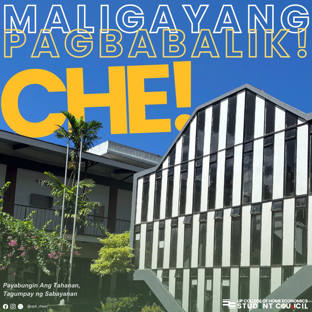 upd_chesc's tweet photo. MALIGAYANG PAGBABALIK, CHE!

Today marks the official start of the 2nd Semester of A.Y. 2024-2025 🤩🫶 We, the College of Home Economics Student Council, greets all the CHE students a ‘welcome back’!👋 Sabay-sabay nating payabungin ang tahanan, para sa tagumpay ng sambayanan 🏠💚 https://t.co/A6yYUGxGHL