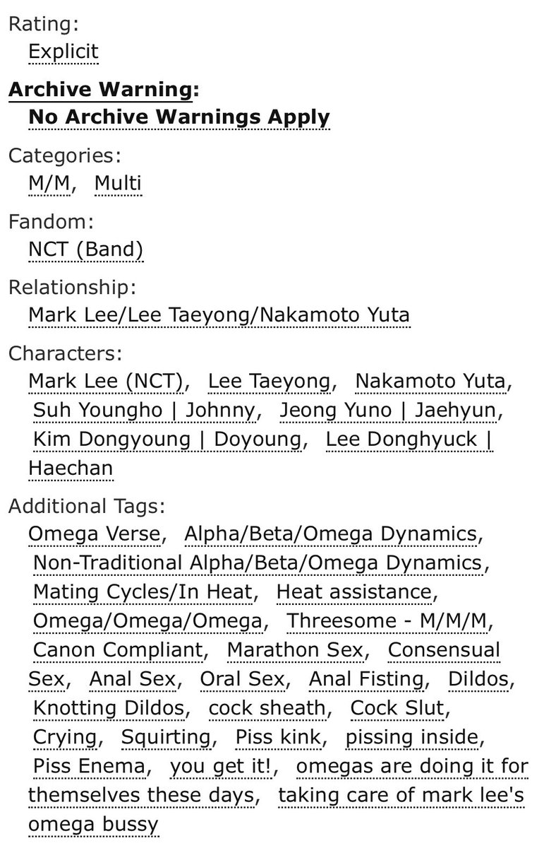 treasuremarklee's tweet photo. tiding over (27k)

🔅threesome, yuta/taeyong/mark
🔅bottom mark, top yutae
🔅omega/omega/omega
🔅heat sex
🔅sex toys
🔅fisting
🔅pissing inside
🔅background johnmark pining

cowritten with @frostednapkin for @heatedfest ! link in replies https://t.co/0J1vK1lzqS