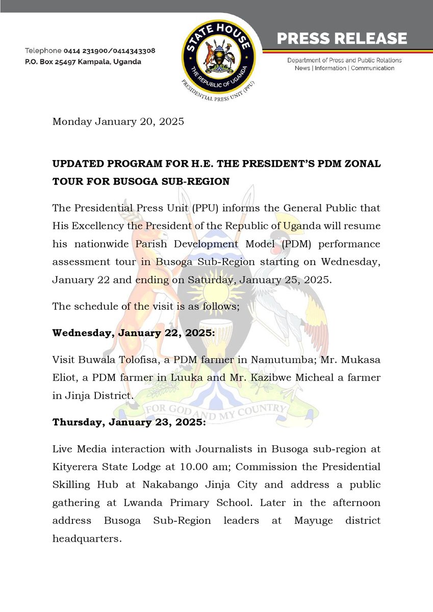 kirunda_faruk's tweet photo. The Presidential Press Unit (PPU) informs the General Public that H.E @KagutaMuseveni will resume his nationwide Parish Development Model (PDM) performance assessment tour in Busoga Sub-Region starting on Wednesday, January 22 and ending on Saturday, January 25, 2025. https://t.co/s3hYfQMVbP