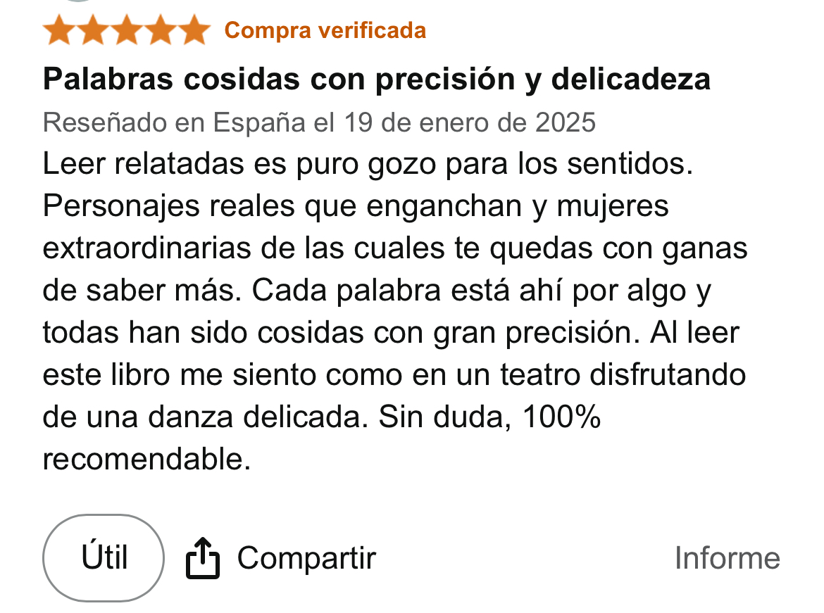 Buenos días.  No he podido empezar mejor la semana.  Os dejo aquí una nueva #opinión sobre #Relatadas.  Qué alegría leer estas palabras de un lector.  Es una excelente forma de iniciar un #lunes. 

¡Mil gracias! 

#relatos #mujeres #mujeresextraordinarias #libro #libros #books