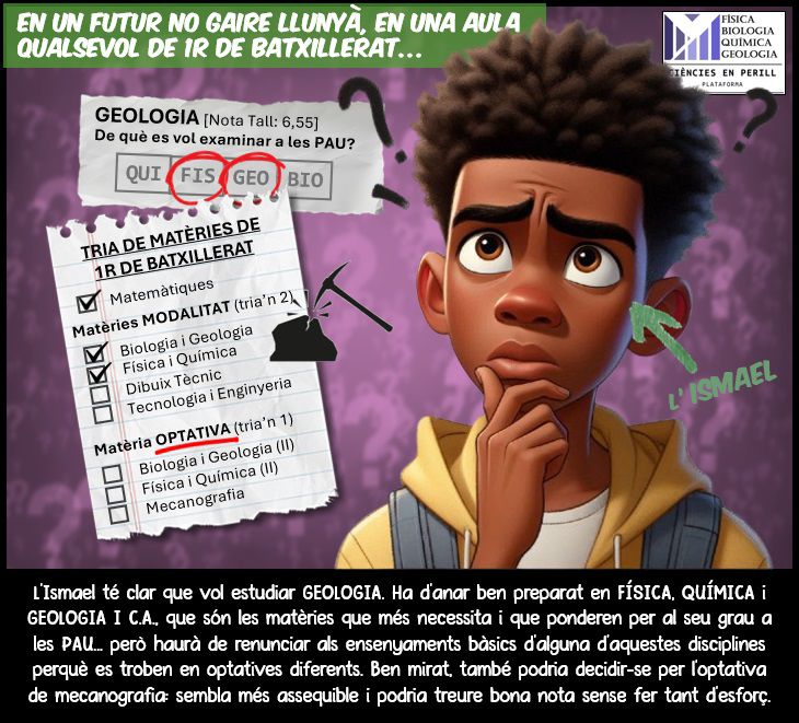 En un futur no molt llunyà, al futur 1r de Batxillerat amb les hores de ciència reduïdes... Quina optativa triarà en Rai, la Mon, l'Ismael o la Júlia? 🤷🏽‍♀️🤷🤷🏽‍♀️🤷
Fantàstiques infografies a càrrec de <a href="/cienciesperill/">Plataforma Ciències en Perill</a>
