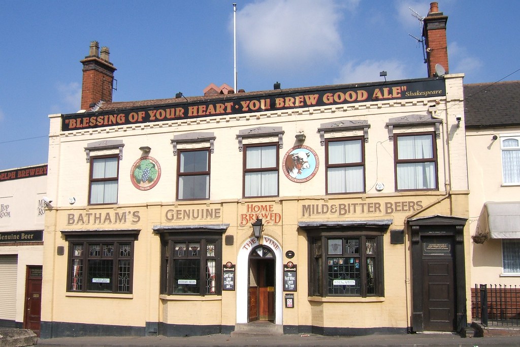 The Vine, 10 Delph Road, Brierley Hill, West Midlands, DY5 2TN 🍻(also known as Bull &amp; Bladder)
Attached to one of England’s great old breweries, Batham’s. With an ornately decorated facade proclaiming the Shakespearian quotation 'Blessing of your heart, you brew good ale'.