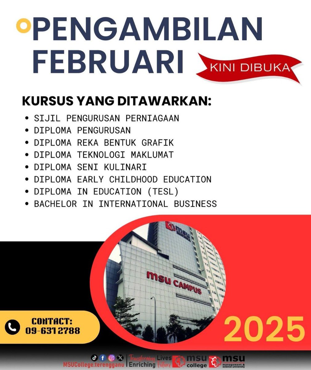 MSUcollege_trg's tweet image. Don&apos;t waste a second, start your academic journey with MSU College now! 💡

For enquiries, kindly contact 👇
📲 096312788
📲 bit.ly/3QEIjXn
📲 tinyurl.com/programdimsu

#msumalaysia
#msucollegeterengganu
#FebruaryIntake2025 #QualityEducation #TransformingLives