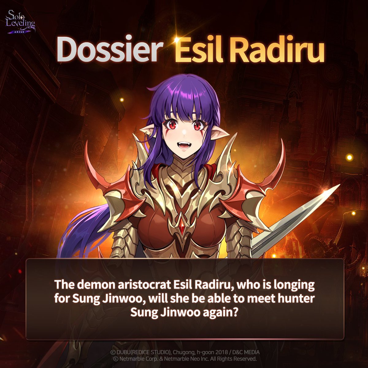 Sololv_ARISE_GL's tweet photo. Esil Radiru’s Debut!

The demon aristocrat who has been reborn as a hunter in Solo Leveling:ARISE, Esil Radiru. Check out her hidden story through the Dossier now.

👇 Go see Esil Radiru’s Dossier
https://t.co/UKoZCz3hH0

#sololevelingARISE #sololeveling
#sololevelinggame #netmarble #onlyilevelup