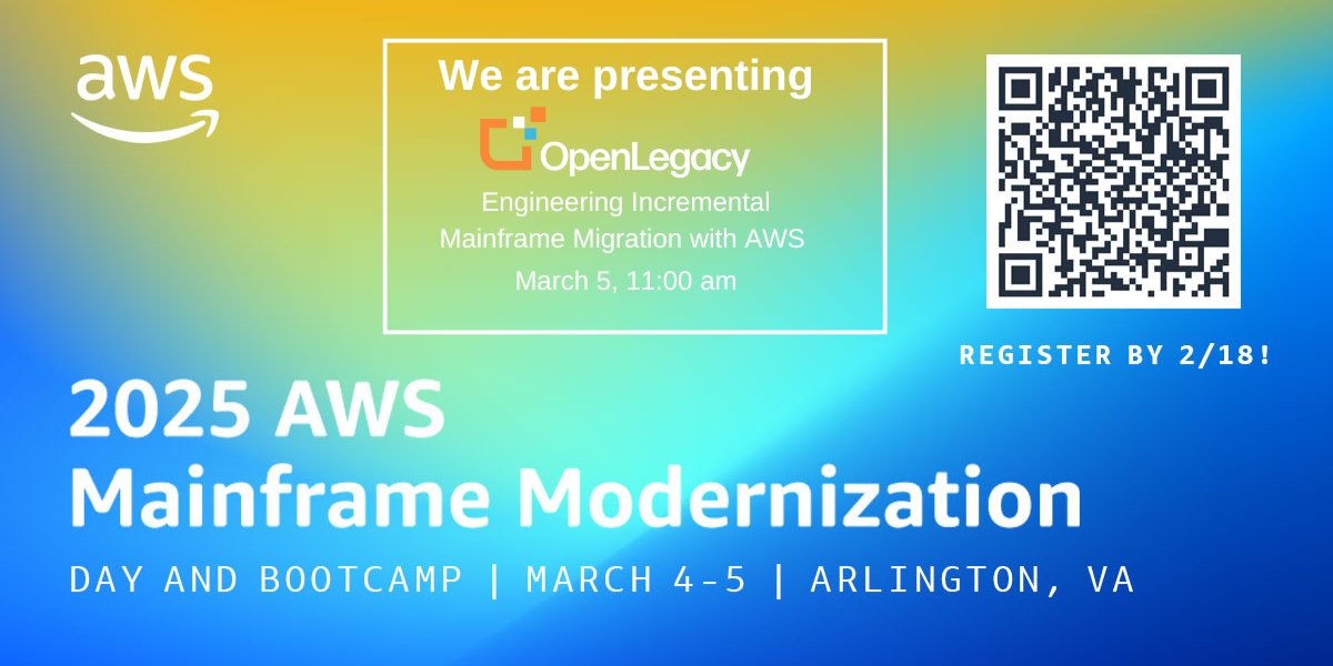 We are excited 🙌 to be a Bronze Sponsor at the AWS Mainframe Modernization Day and Bootcamp!  On day 2 we will be presenting "Engineering Incremental Mainframe Modernization" at 11:00 am. Register before February 18th. 👉 bit.ly/3WOn2NN
#mainframemodernization