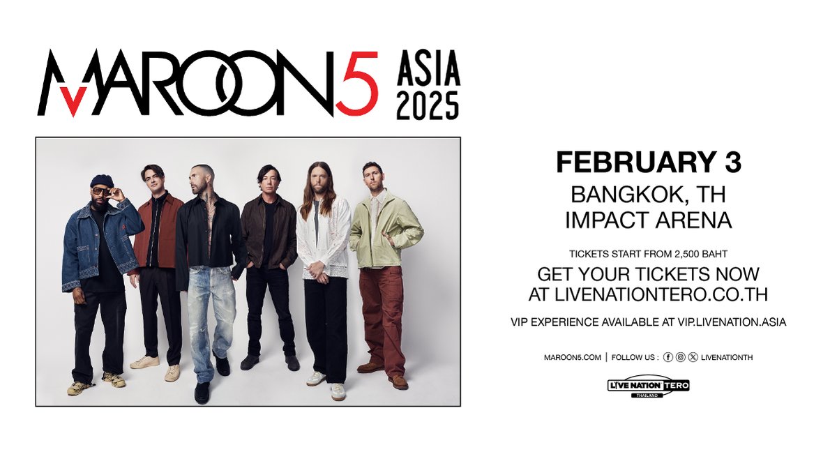 ConConnectionTH's tweet photo. สำหรับแฟนๆ ชาวไทยของ Adam Levine และ Maroon 5 เตรียมตัวไปสนุกกับ #Maroon5AsiaTour กันได้ในวันจันทร์ที่ 3 กุมภาพันธ์นี้ ที่ อิมแพ็ค อารีน่า เมืองทองธานี บัตรยังมีจำหน่ายที่  https://t.co/yhWuCOSPth 

#Maroon5 #Maroon5AsiaTourBKK #M5BKK2025 #LiveNationTero #ConcertConnection https://t.co/1O16fB2W3X
