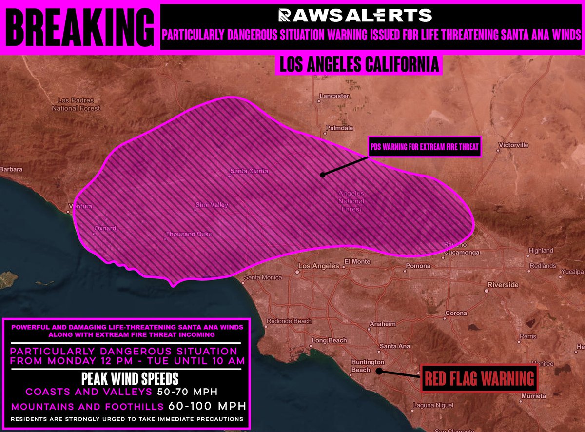 rawsalerts's tweet photo. 🚨#BREAKING: National Weather Service Issues PDS meaning a Particularly Dangerous Situation Warning for Life-Threatening Santa Ana Winds and Extreme Fire Danger
 
📌#LosAngeles l #California

The National Weather Service in Los Angeles has issued a (PDS) warning meaning Particularly Dangerous Situation for an unprecedented, life-threatening windstorm driven by the Santa Ana winds and an extreme and imminent fire threat. This warning encompasses parts of Southern Los Angeles, California, beginning at 12 p.m. Monday and lasting through Tuesday morning. Winds are expected to gust between 50-70 mph, with localized areas facing hurricane-force gusts of up to 60-100 mph. Sustained winds of 80 mph are anticipated, particularly in valley regions, creating an environment of unparalleled destruction. These catastrophic conditions will result in widespread structural damage, uprooted trees, and extensive power outages. Additionally, these intense winds and critically dry conditions present an extraordinary wildfire risk, with any spark likely to ignite rapidly spreading and uncontrollable fires. Residents are strongly urged to take immediate precautions: secure all outdoor property, avoid non-essential activities and prepare for potential evacuation. This is not a typical wind event. This is a dire and urgent threat failure to act could lead to devastating consequences for life and property.
