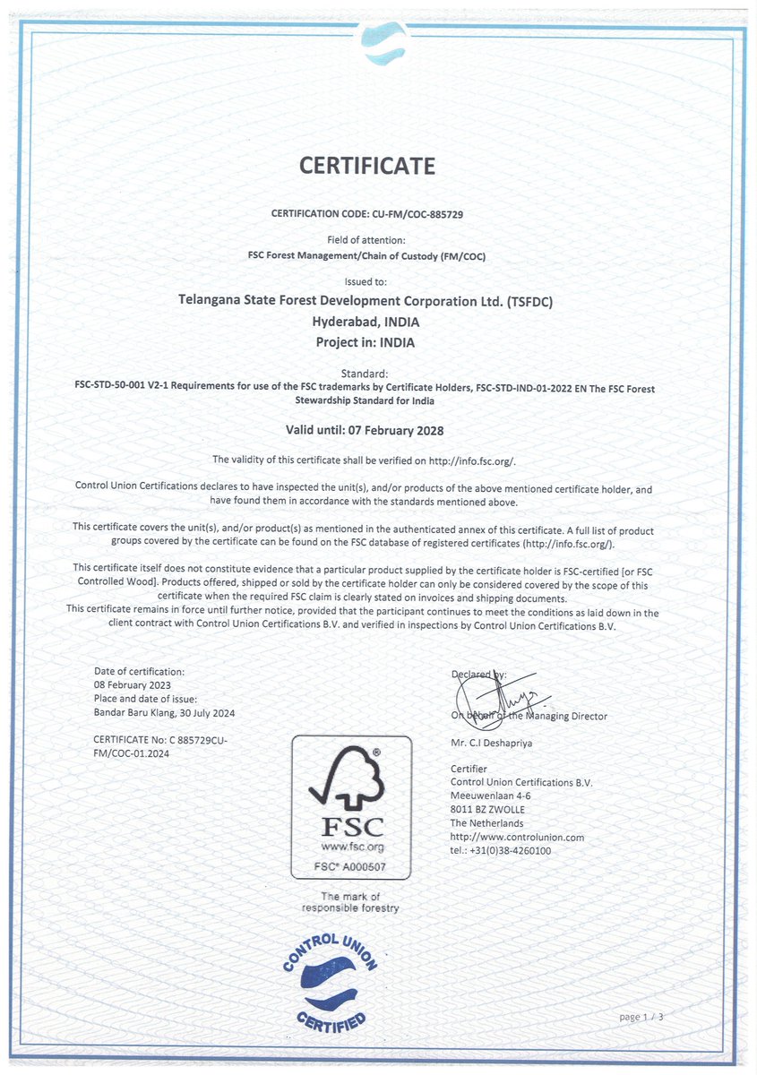 🌳 TGFDC achieves the prestigious FSC FM COC Certification for 32,951.39 ha! 🏅 Proudly presented by Hon'ble CM Telangana to Dr. G. Chandrashekar Reddy, IFS, VC&amp;MD, TGFDC. A milestone for sustainable forestry! 🌱 #GreenTelangana #Sustainability