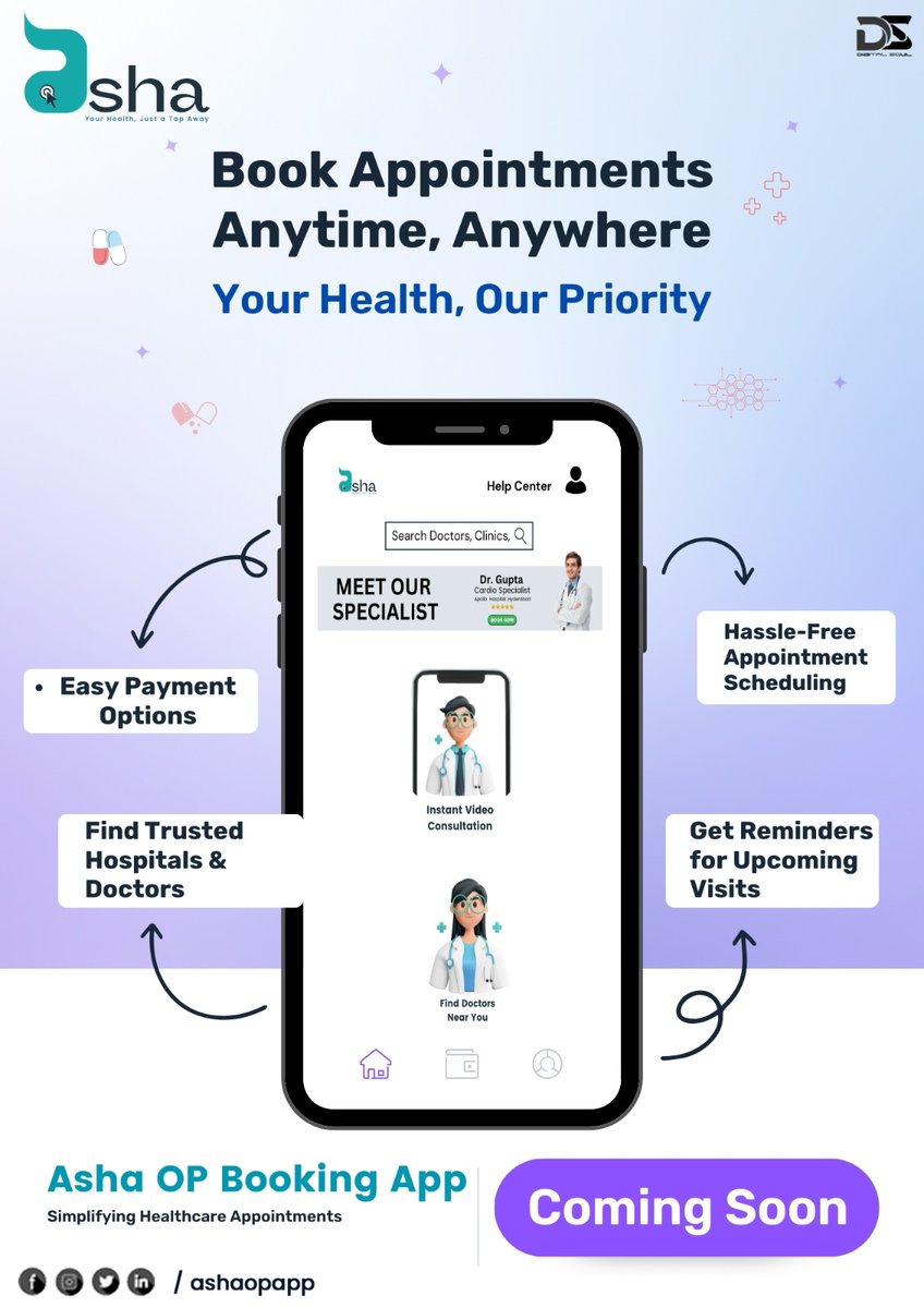 AshaOpApp's tweet photo. Get ready for a game-changing experience with our upcoming app! 🚀 

Your health is our top priority, and we're here to make healthcare easier than ever. and receiving the care you deserve—all at your fingertips. 💙
#HealthcareRevolution #AshaOPBookingApp #EasyAppointments https://t.co/QKyyAB6EpC