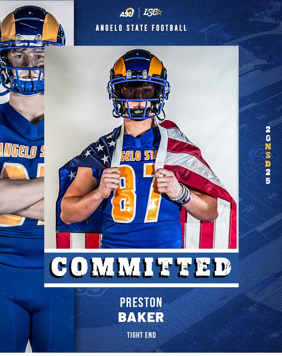 Preston Baker (@prestonbaker25) on Twitter photo Thrilled and blessed to announce my commitment to Angelo State University! Ready to bring passion and dedication to the Rams football family. Let’s make history together! #WinTheDay #PullTheRope #Committed <a href="/SV_RangerFB/">SV Ranger Football</a> <a href="/KevinKilmer/">Kevin Kilmer</a> <a href="/JeffGirsch/">Jeff Girsch</a> Thrilled and blessed to announce my commitment to Angelo State University! Ready to bring passion and dedication to the Rams football family. Let’s make history together! #WinTheDay #PullTheRope #Committed <a href="/SV_RangerFB/">SV Ranger Football</a> <a href="/KevinKilmer/">Kevin Kilmer</a> <a href="/JeffGirsch/">Jeff Girsch</a>
