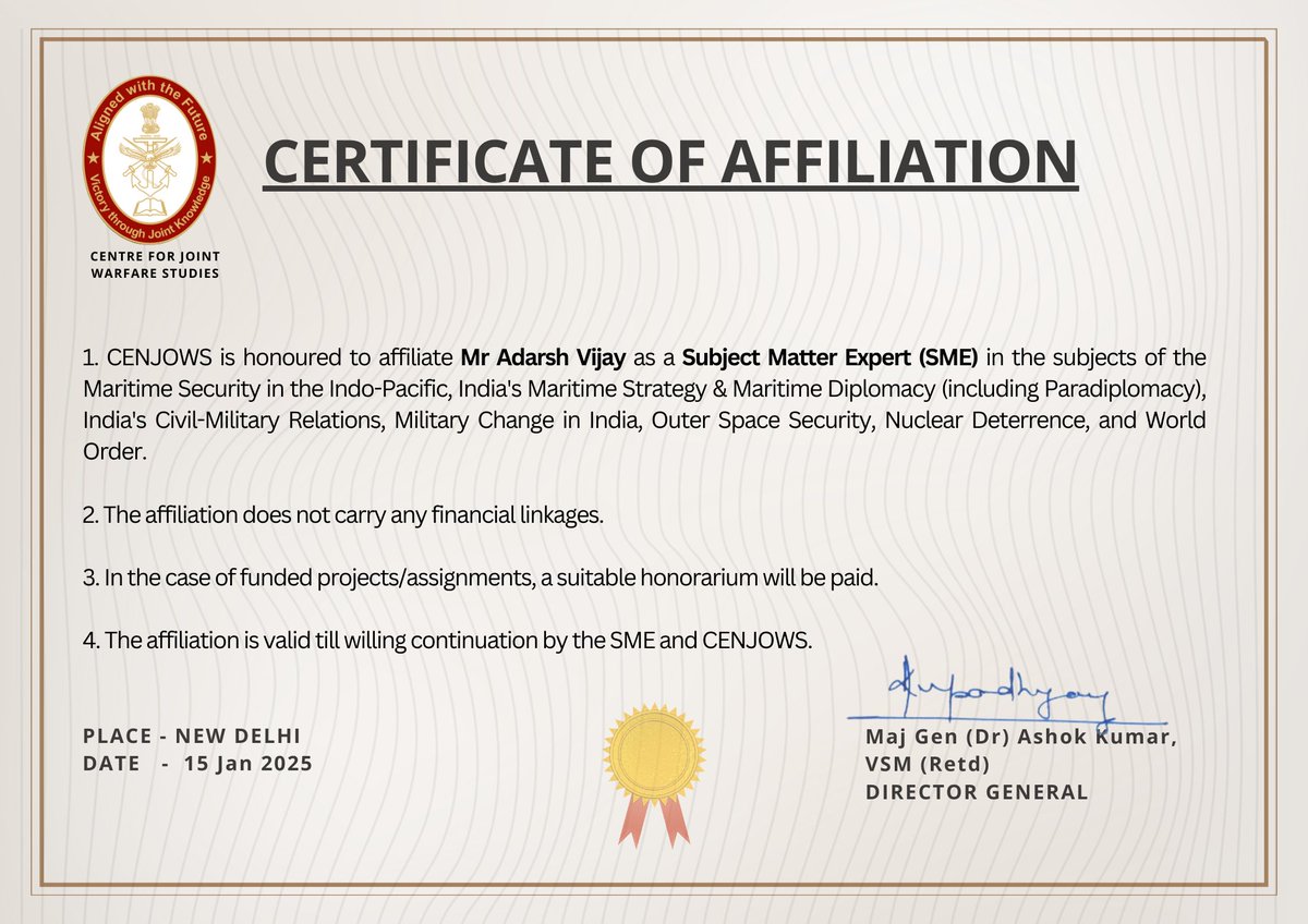 CENJOWS's tweet photo. #CENJOWS_SME

CENJOWS is honoured to welcome Mr Adarsh Vijay as a Subject Matter Expert (SME). His areas of expertise include Maritime Security in the Indo-Pacific, India’s Maritime Strategy & Diplomacy (with a focus on Paradiplomacy), Civil-Military Relations, Military Transformation in India, Outer Space Security, Nuclear Deterrence, and Global Security. We look forward to his valuable insights.

#CENJOWS #SubjectMatterExpert #MaritimeSecurity #IndiaMaritimeStrategy #MaritimeDiplomacy #Paradiplomacy #CivilMilitaryRelations #MilitaryTransformation #OuterSpaceSecurity #NuclearDeterrence #GlobalSecurity #IndoPacific #Defence #StrategicAffairs

@HQ_IDS_India @adgpi @indiannavy @IAF_MCC @IDSAIndia @ICWA_NewDelhi @OfficialCLAWSIN @USIofIndia @CAPS_INDIA @nmfindia @vifindia @orfonline
